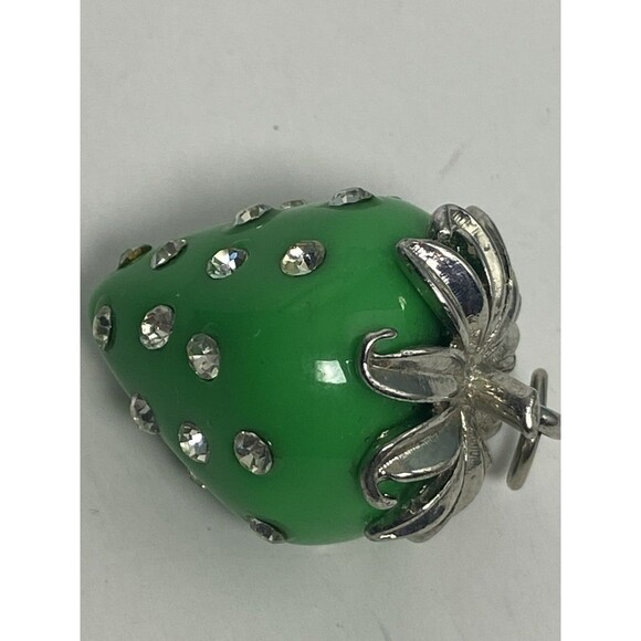 Strawberry Green Charm Rhinestones Silver Tone Metal Setting Vintage Heavy Hang - Picture 5 of 5